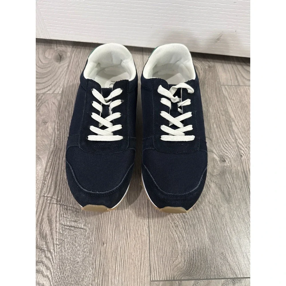 J.Crew Womens Navy‎ Blue Suede Mesh Trainers Sneakers Green Accents 7.5